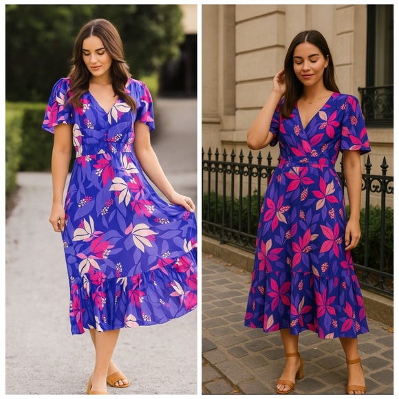 NWT ABEL THE LABEL Anthro Purple Floral Santa Cruz Short Sleeve Midi Dress XS - Picture 1 of 10